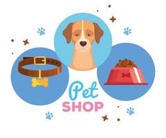 tienda de mascotas con perro e iconos vector