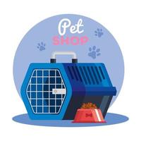 pet shop with box transport animal with dish food vector