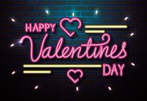 happy valentines day with hearts of neon lights vector