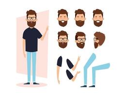 Hombre joven con barba y personajes de partes del cuerpo. vector