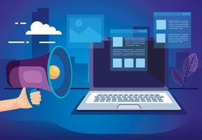 laptop computer with megaphone and cityscape vector