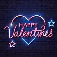 happy valentines day with heart and stars of neon lights vector