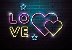lettering of love with hearts of neon lights vector