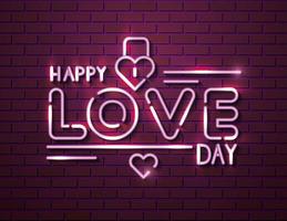 happy love day with padlock of neon lights vector