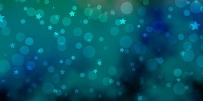 plantilla de vector verde azul claro con círculos estrellas brillo ilustración abstracta con patrón de estrellas gotas de colores para el diseño de fondos de pantalla de tela