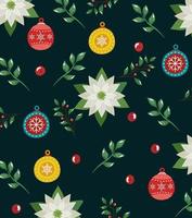 pattern of merry christmas with flowers and balls decorative vector