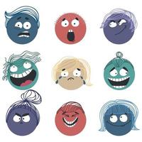 Conjunto de caras emoji de personajes coloridos con cabello diferente vector