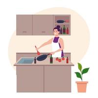 woman using apron cooking with utensils and vegetables vector