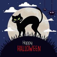 banner de feliz halloween con gato y arañas en la noche oscura vector