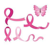 set of pink ribbons with butterfly on white background vector