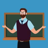 man teacher with chalkboard on blue background vector