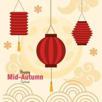 chinese mid autumn festival with lanterns and flowers decoration vector