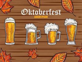 Celebración del festival oktoberfest con cervezas y hojas de otoño en el fondo de madera vector