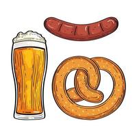 Vaso de cerveza con pretzel y salchicha. vector