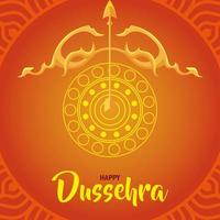 happy dussehra festival with golden arch and arrow over orange background vector