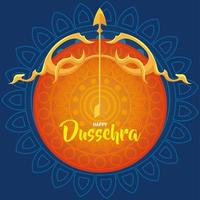 feliz festival dussehra con arco dorado y flecha en fondo naranja y azul vector