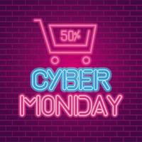 Cyber Monday con carro de neón en el diseño de vectores de fondo de ladrillos