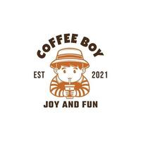 Logotipo de la mascota del chico del café de la cafetería un niño bebiendo una taza de café ilustración vectorial vector