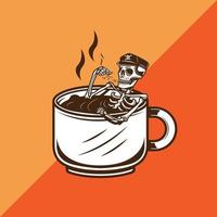 Esqueleto sumergiéndose en una taza de café mientras fuma ilustración de vector de cigarrillo