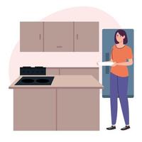 Mujer sosteniendo un plato de cocina en la escena de la cocina vector