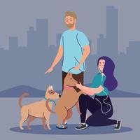 young couple on a walk with a dog vector