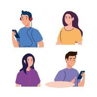 grupo de personas que usan auriculares y teléfonos inteligentes vector