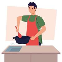 man cooking using apron with pot in kitchen scene vector