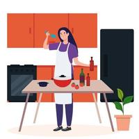 woman cooking using apron with kitchen supplies and vegetables in kitchen scene vector