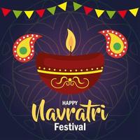 happy navratri celebration poster with candle light and garlands decoration vector