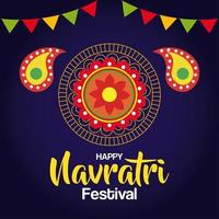 happy navratri celebration poster with gold circular frame and decoration vector