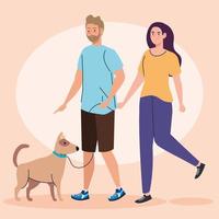 young couple on a walk with a dog vector