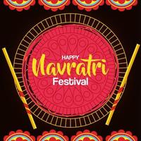 happy navratri celebration poster with gold circular frame and decoration vector