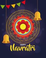 happy navratri celebration poster with gold circular frame and decoration vector