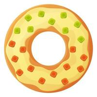 Donut brillante con glaseado de crema y gomitas sin símbolo de día de dieta comida poco saludable comida rápida dulce bocadillo de azúcar calorías adicionales concepto stock vector ilustración aislado sobre fondo blanco en estilo de dibujos animados