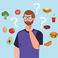 man choosing between healthy and unhealthy food fast food vs balanced menu vector