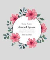 greeting card with flowers pink color wedding invitation with flowers pink color with branches and leaves decoration vector