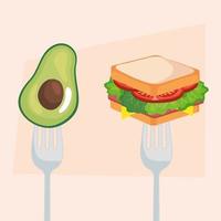 fast food and vegetable sandwich and avocado in fork vector