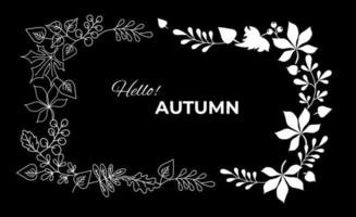 Horizontal outline  frame  Autumn wreath of leaves and berries On black background vector