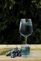 Iced blue drink with butterfly pea flowers photo