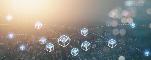 blockchain conectando líneas de tecnología y concepto de ciberseguridad, red fintech y social digital moderno