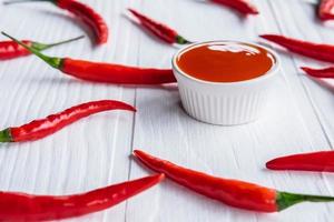 Fresh chillies with hot chili sauce on the table photo