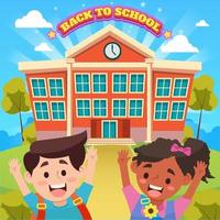 Happy Kids in Front of School vector