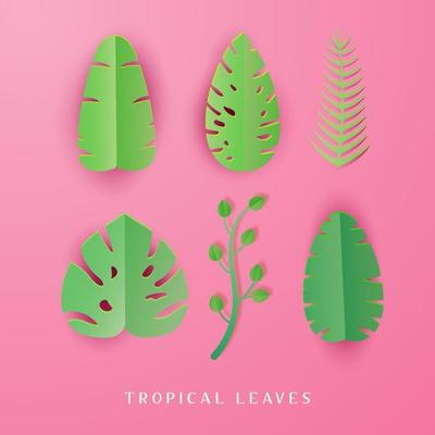 Set of summer tropical leaves in papercut style