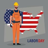 cartel del día del trabajo con trabajador de la construcción y mapa de estados unidos vector