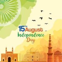 Monumentos famosos de la India, el 15 de agosto para el feliz día de la independencia en segundo plano. vector