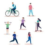 group of people practicing activities avatar characters vector