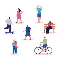 group of people practicing activities avatar characters vector