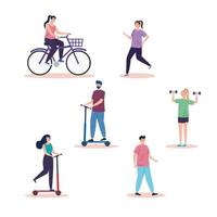 group of people practicing activities avatar characters vector