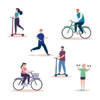 group of people practicing activities avatar characters vector