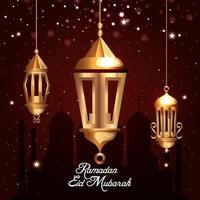 ramadan kareem poster with hanging lanterns vector